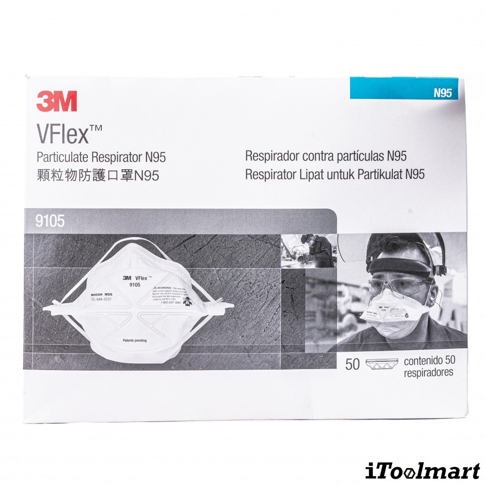 ผ้าปิดจมูก 3M 9105 Vflex™ หน้ากาก N95 หน้ากากป้องกันฝุ่น ละออง แบบพับได้ กล่องละ 50 ชิ้น