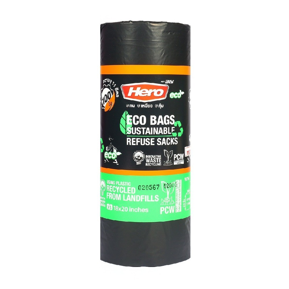 ถุงขยะดำม้วนรุ่นรักษ์โลก ECO HERO รุ่น Z042 0322 ขนาด 18×20 นิ้ว  100 ใบ 
