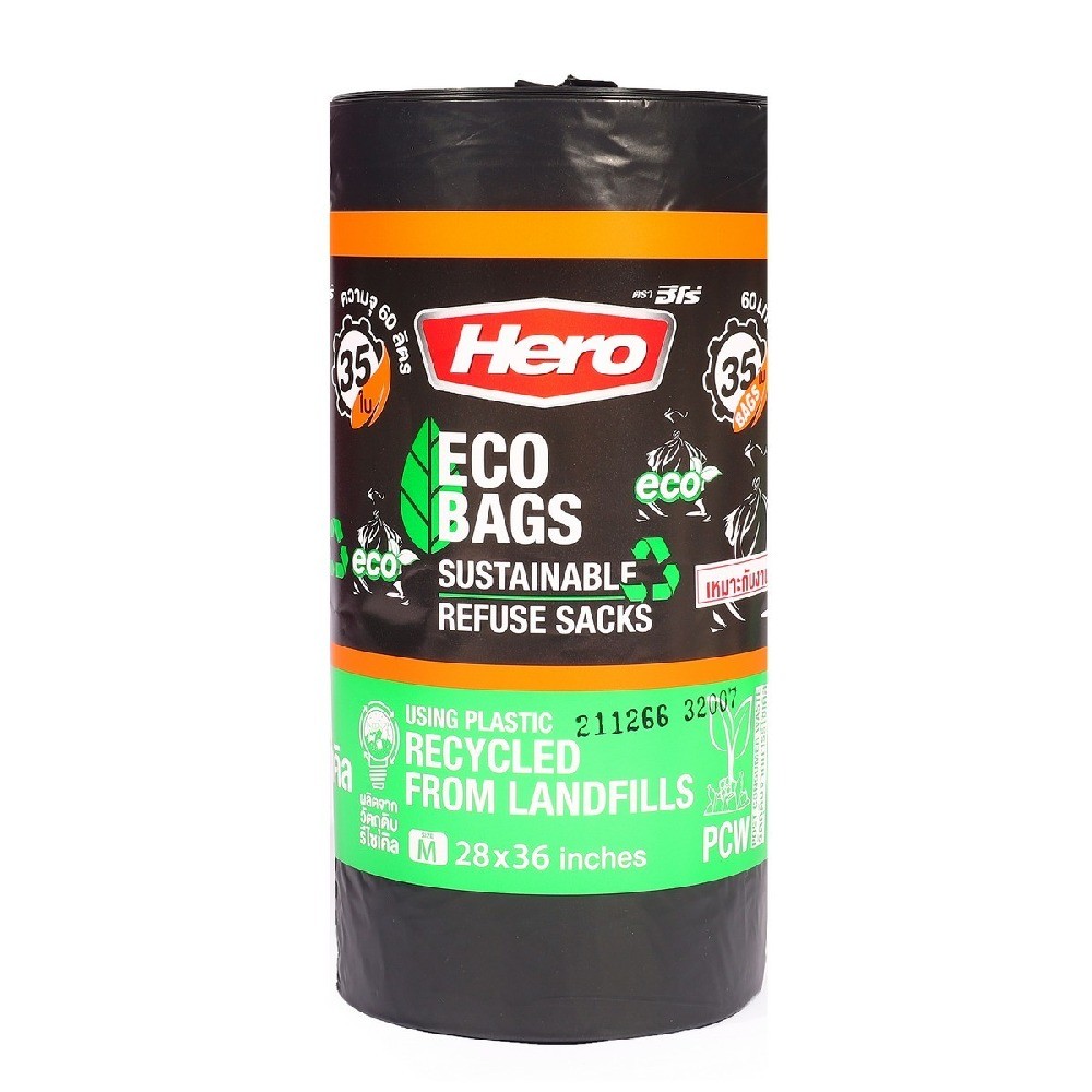 ถุงขยะดำม้วนรุ่นรักษ์โลก ECO HERO รุ่น Z042 0326 ขนาด 28×36 นิ้ว  35 ใบ 