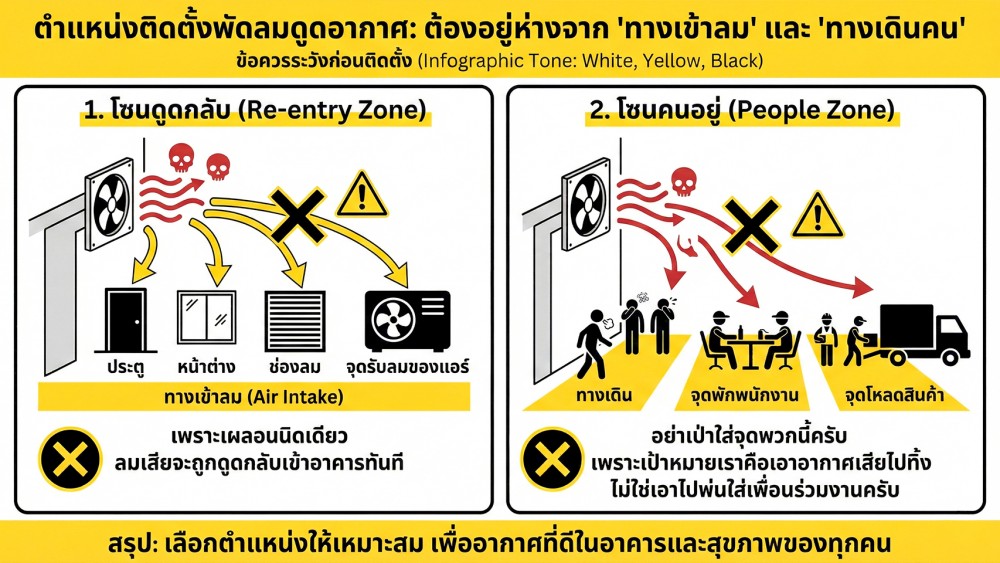 ติดตั้ง พัดลมดูดอากาศ อุตสาหกรรม ควรเป่าออกด้านไหน ถึงไม่ดูดกลับ