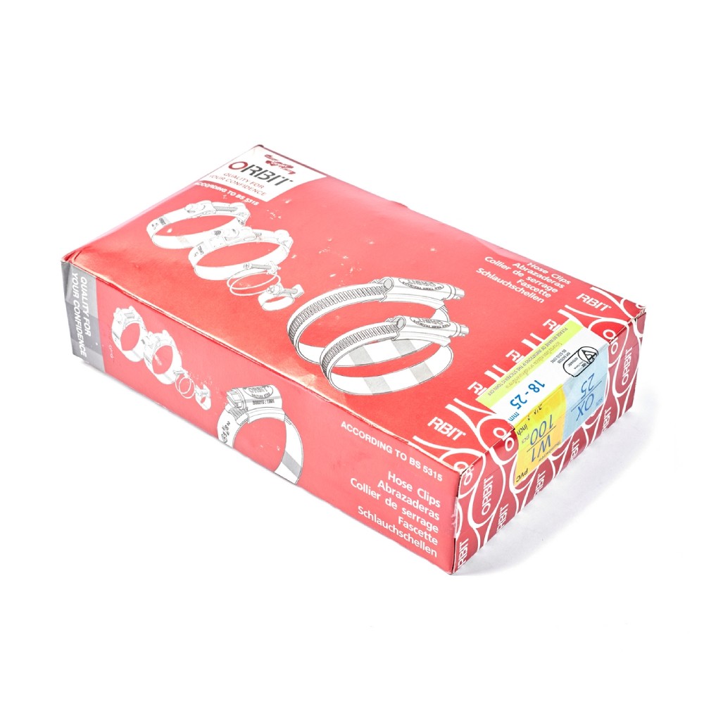เข็มขัดรัดท่อ หางปลา ORBIT  OX ขนาด 18 25 mm   100 ชิ้น กล่อง 