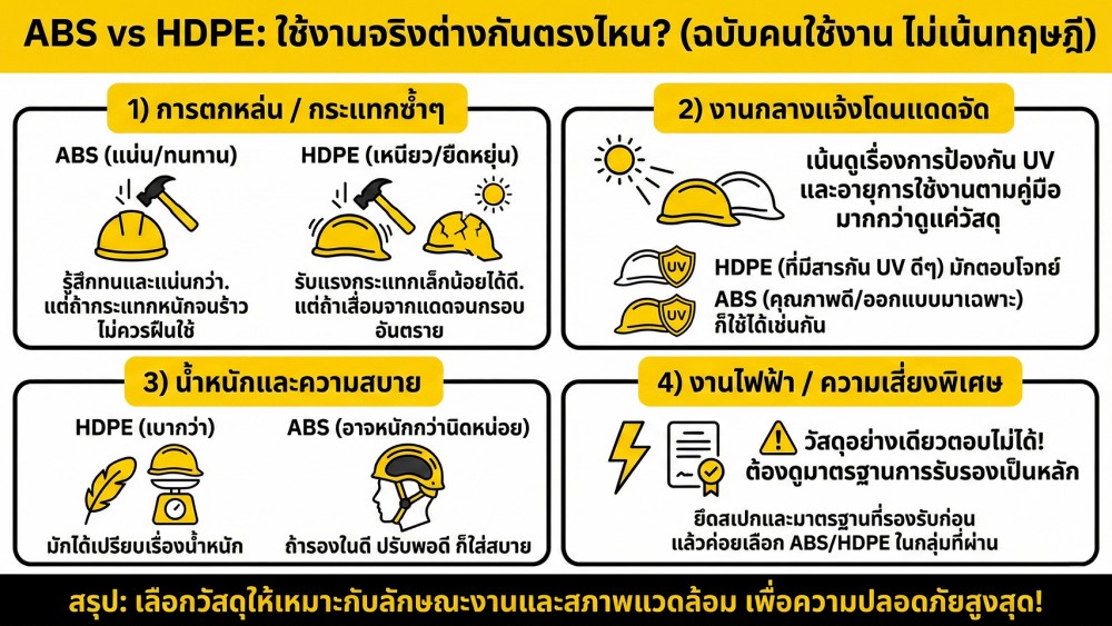 วัสดุของ หมวกนิรภัย ABS vs HDPE เลือกแบบไหนให้คุ้มค่า วัสดุของ หมวกนิรภัย ABS vs HDPE เลือกแบบไหนให้คุ้มค่า