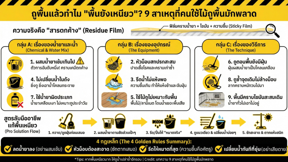 ทำไมถูพื้นแล้วพื้นยังเหนียว 9 สาเหตุที่คนใช้ ไม้ถูพื้น มักพลาด