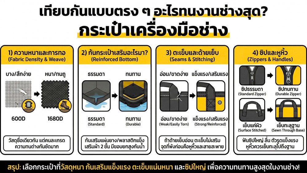 กระเป๋าเครื่องมือช่าง โพลีเอสเตอร์ vs ไนลอน vs แคนวาส แบบไหนทนที่สุด
