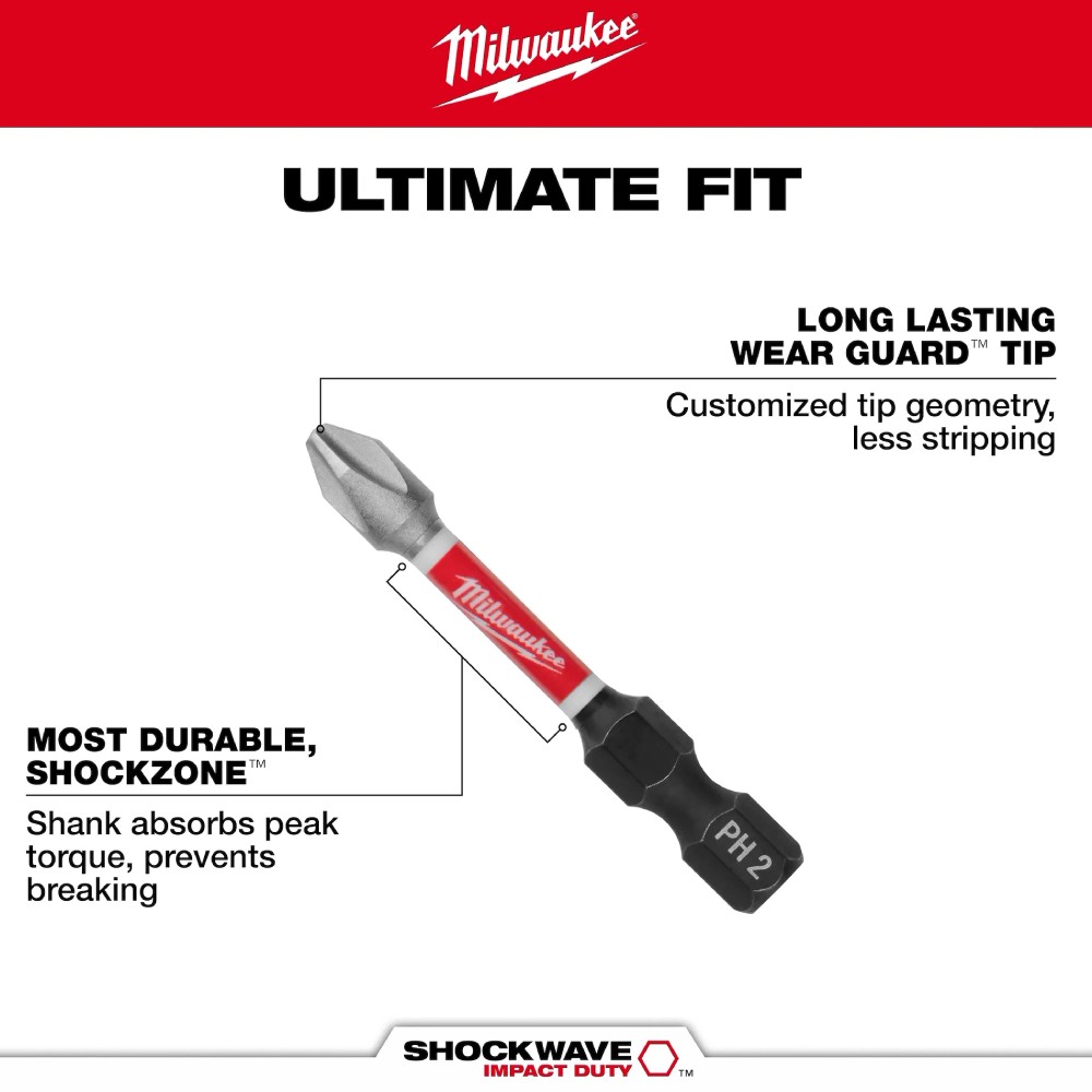 ดอกไขควง พร้อมปอกแม่เหล็ก MILWAUKEE 48 32 4550 SHOCKWAVE™ Impact Duty ขนาด PH2  3 ชิ้น 