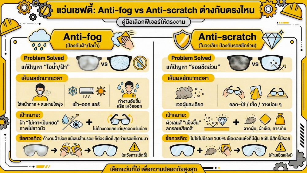 แว่นเซฟตี้ Antifog กับ Antiscratch ต่างกันยังไง เลือกผิดคือพังเร็วมาก