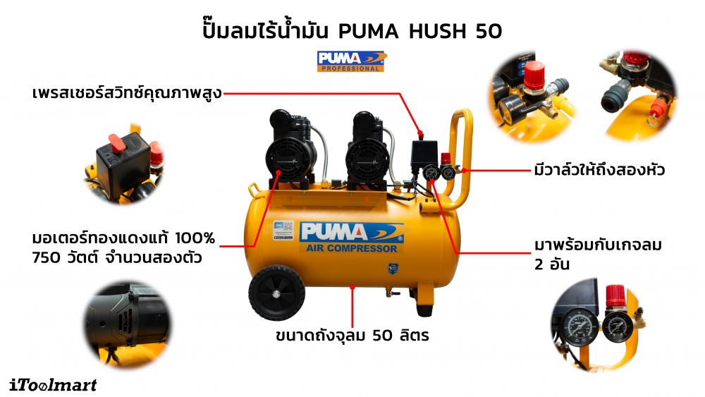 ปั๊มลมชนิดเงียบ แบบไร้น้ำมัน PUMA HUSH 50 ขนาด 50 ลิตร 