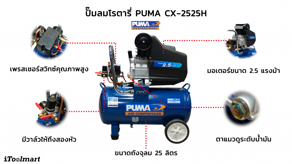 ปั๊มลมโรตารี่ PUMA CX2525H ขนาด 25 ลิตร