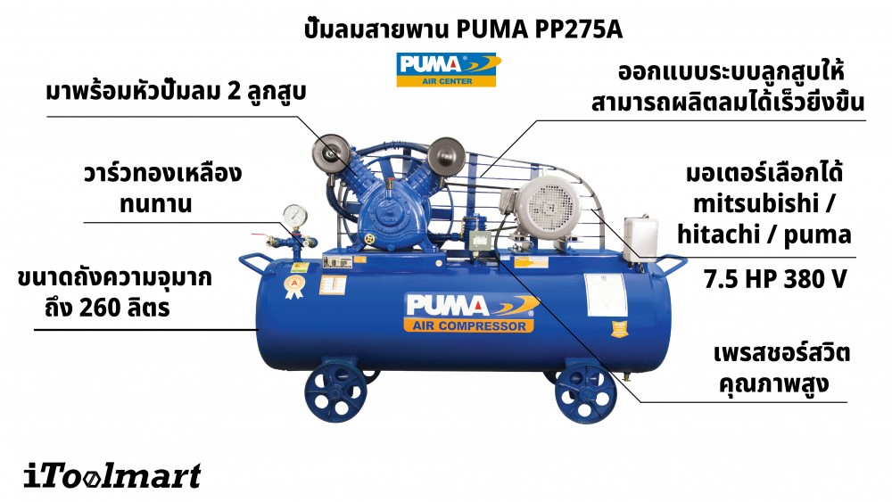 ปั๊มลมขนาดใหญ่ ปั๊มลมสายพาน PUMA PP275A  ขนาดถังลม 260 ลิตร 7.5HP หัวปั๊มลม 2 ลูกสูบ
