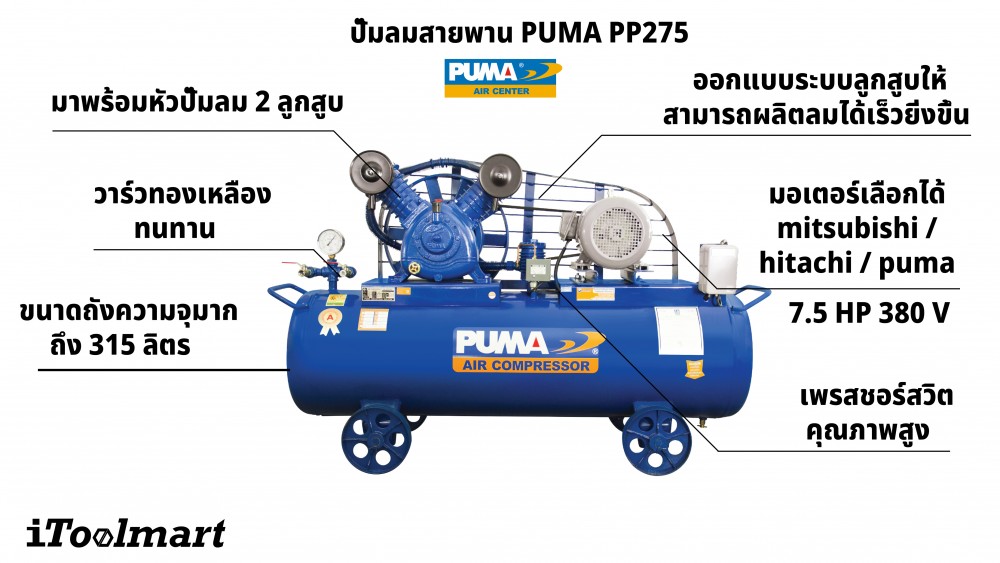 ปั๊มลมขนาดใหญ่ ปั๊มลมสายพาน PUMA PP275 ขนาดถังลม 315 ลิตร 7.5HP หัวปั๊มลม 2 ลูกสูบ