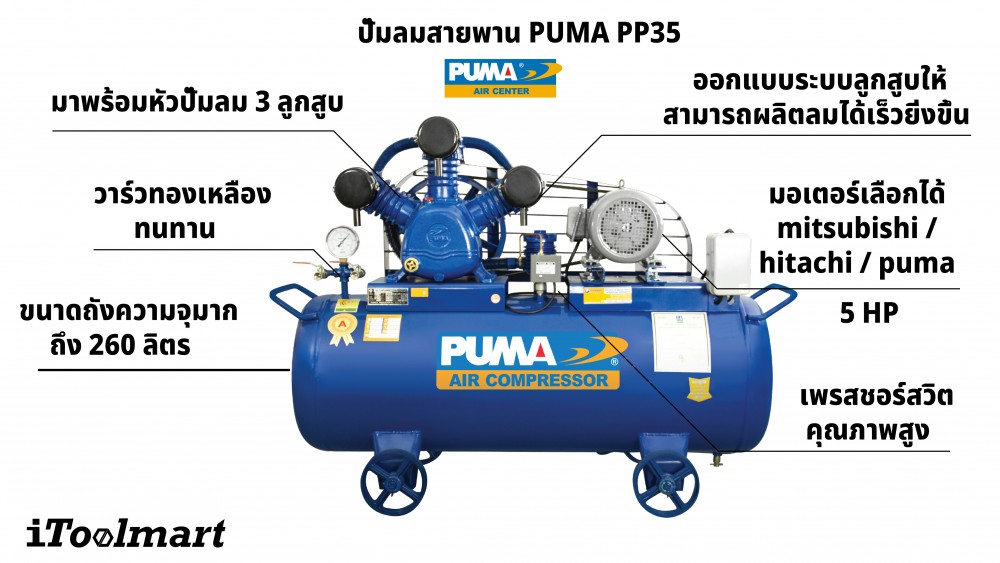 ปั๊มลมขนาดใหญ่ ปั๊มลมสายพาน PUMA PP-35 กำลัง 5HP ขนาดถังลม 260 ลิตร หัวปั๊มลม 3 ลูกสูบ