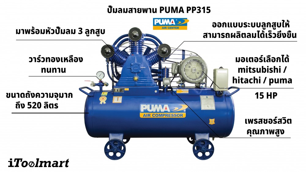 ปั๊มลมขนาดใหญ่ ปั๊มลมสายพาน PUMA PP315 ขนาดถังลม 520 ลิตร 15HP หัวปั๊มลม 3 ลูกสูบ