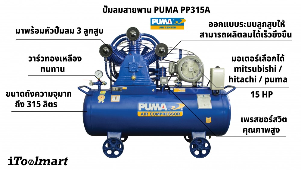 ปั๊มลมขนาดใหญ่ ปั๊มลมสายพาน PUMA PP315A ขนาดถังลม 315 ลิตร 15HP หัวปั๊มลม 3 ลูกสูบ