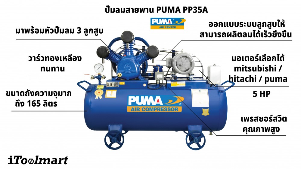 ปั๊มลมขนาดใหญ่ ปั๊มลมสายพาน PUMA PP35A กำลัง 5HP ขนาดถังลม 165 ลิตร หัวปั๊มลม 3 ลูกสูบ