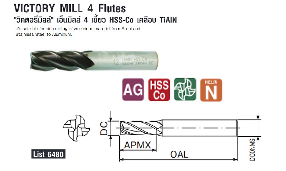 ดอกเอ็นมิล 4 ฟัน Nachi L6480 Victory Mill 4F