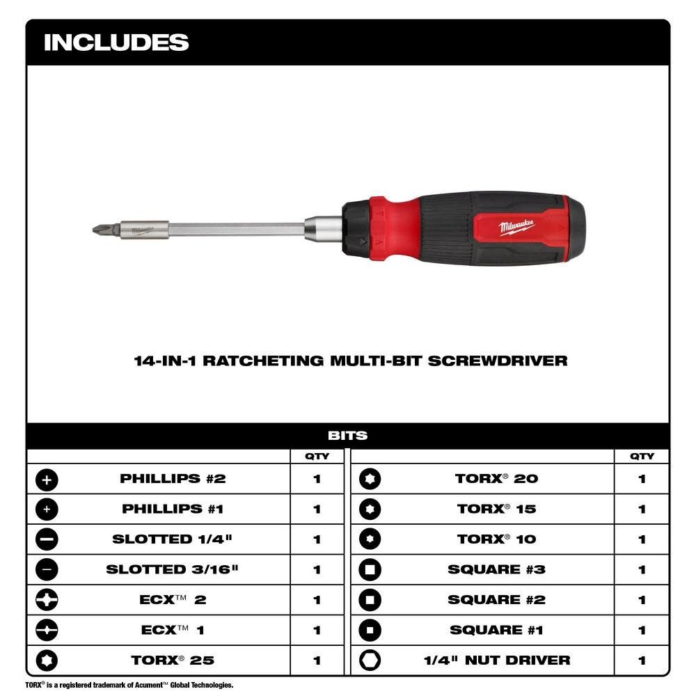 Milwaukee 14-in-1 Ratcheting Multi-Bit Screwdriver