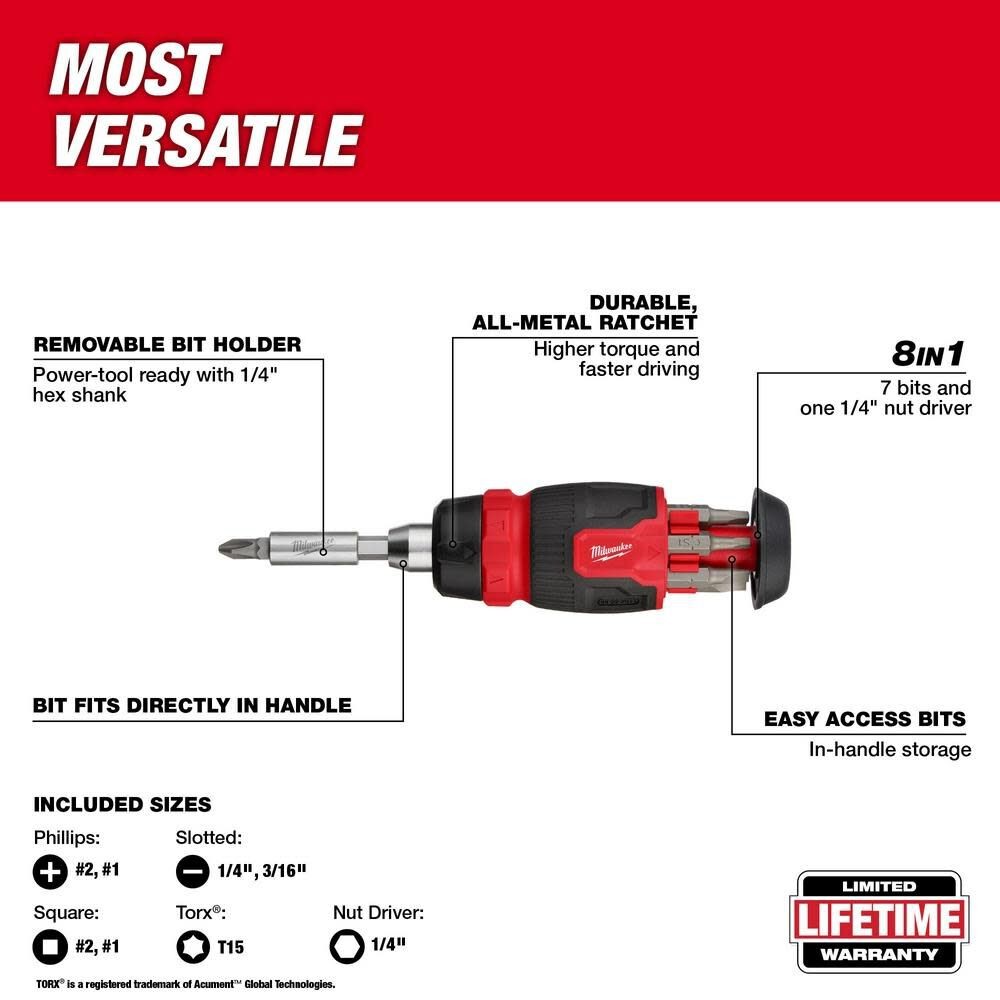 Milwaukee 8-in-1 Ratcheting Compact Multi-Bit Screwdriver