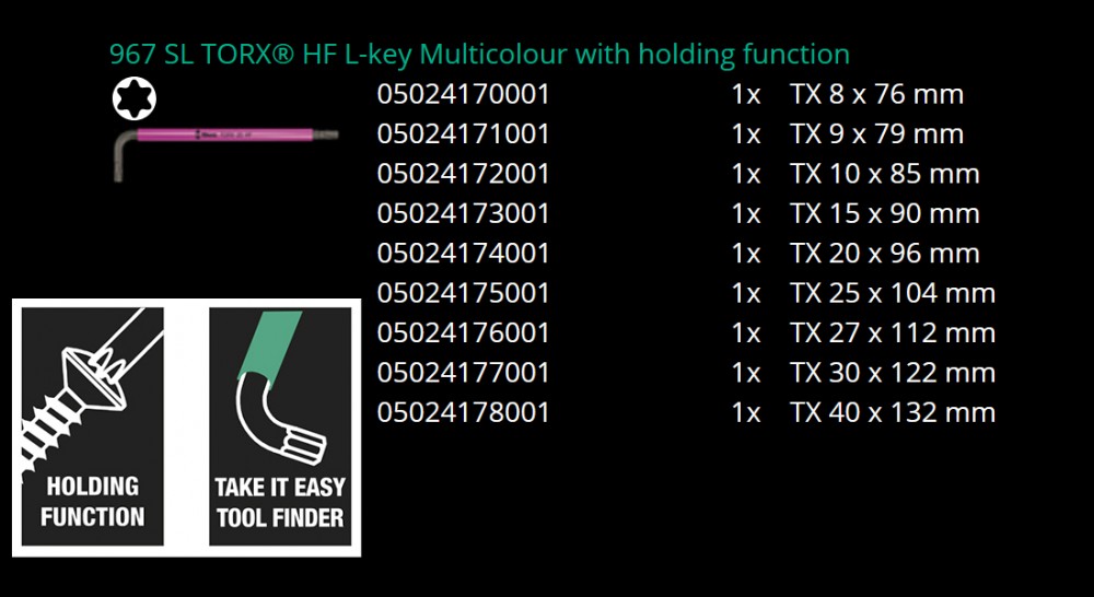 ประแจดาว 6 แฉก Wera 967/9 TORX Multicolour HF 1 L-key set with holding function 05024179001 ชุด 9 ชิ้น
