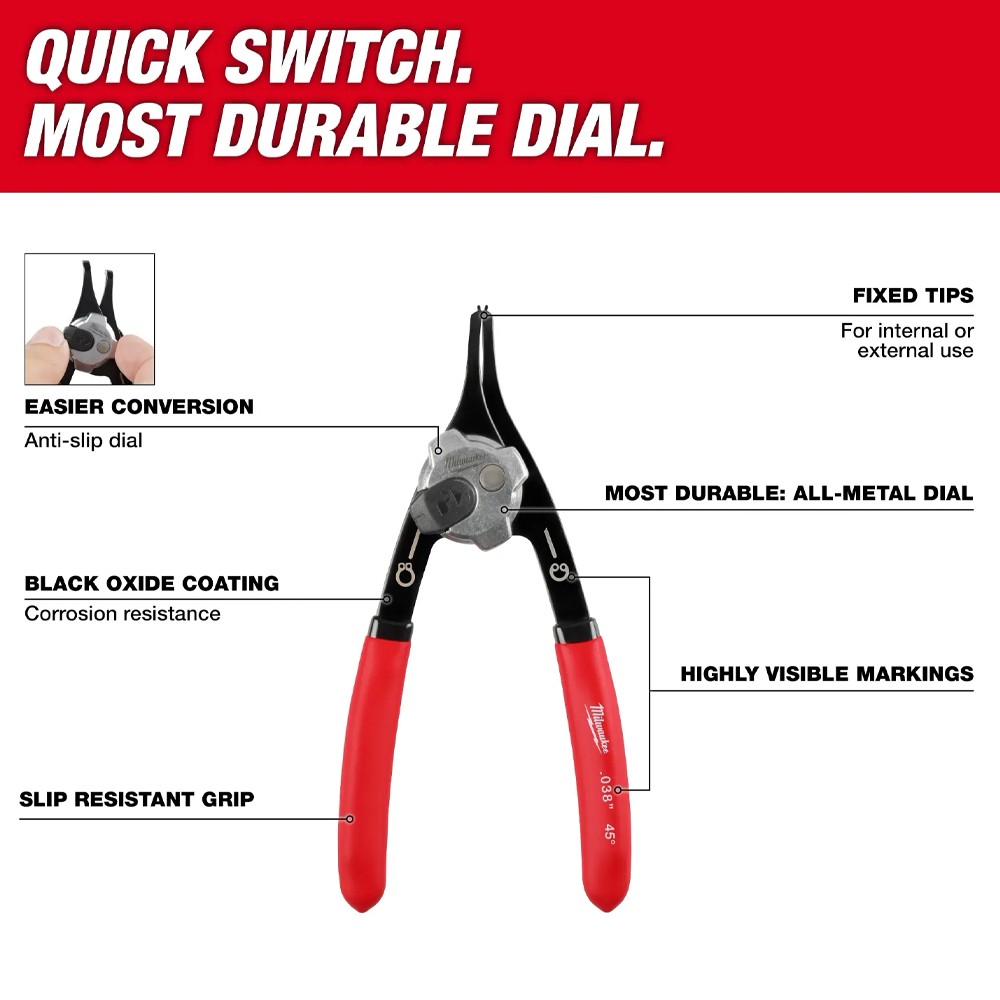 Milwaukee 48-22-6537 0.070 inch Convertible Snap Ring Pliers 45°