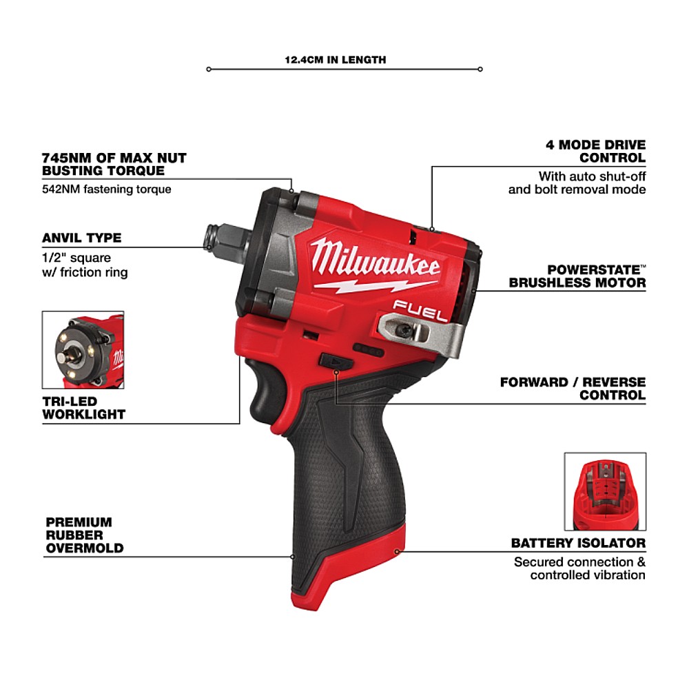ไขควงกระแทกไร้สาย Milwaukee M12 FIW2F12-0 ขนาด 1/2 นิ้ว (ตัวเปล่า)