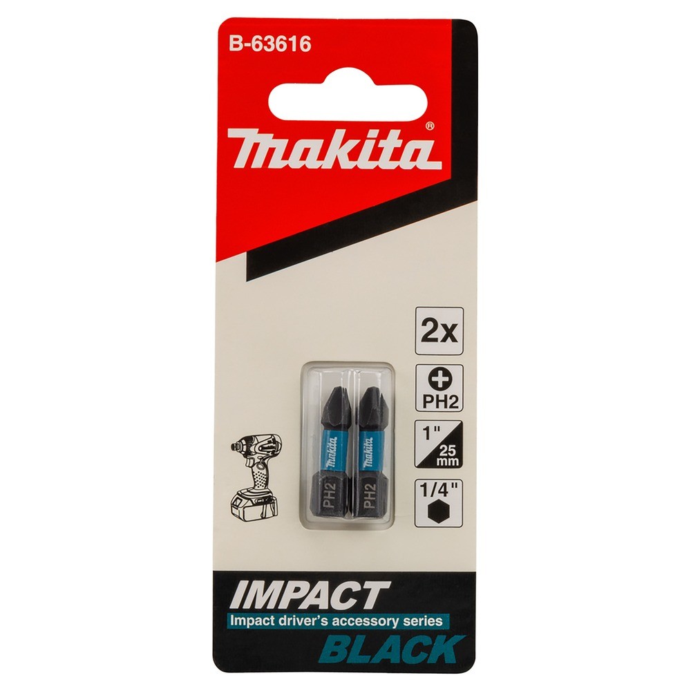 ดอกไขควงกระแทก Makita B 63616 Impact Black ขนาด PH2×25 มม   2 ชิ้น ชุด 