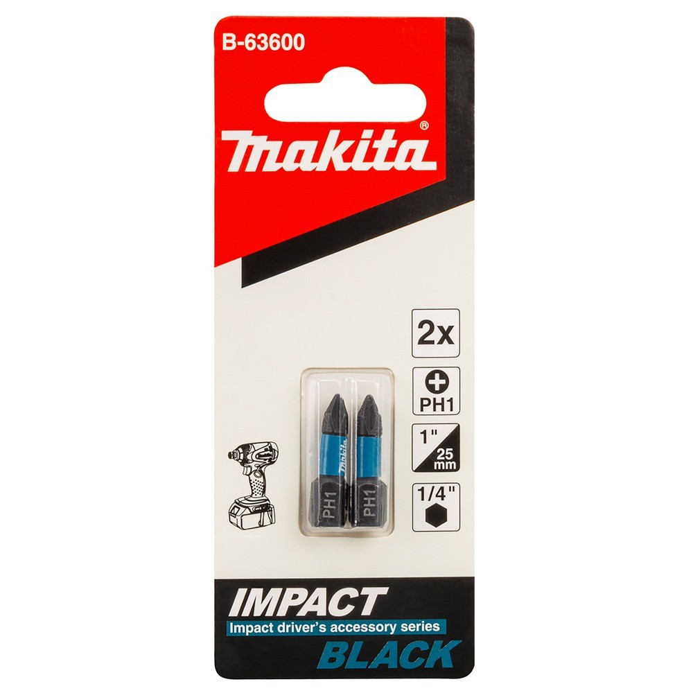 ดอกไขควงกระแทก Makita B 63600 Impact Black ขนาด PH1×25 มม   2 ชิ้น ชุด 
