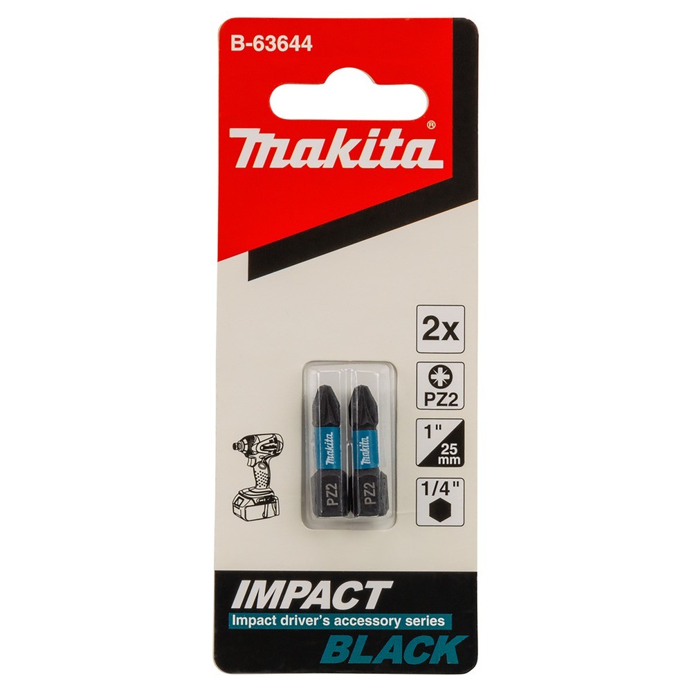 ดอกไขควงกระแทก Makita B 63644 Impact Black ขนาด PZ2×25 มม   2 ชิ้น ชุด 