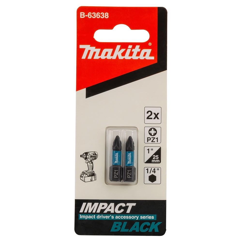 ดอกไขควงกระแทก Makita B 63638 Impact Black ขนาด PZ1×25 มม   2 ชิ้น ชุด 