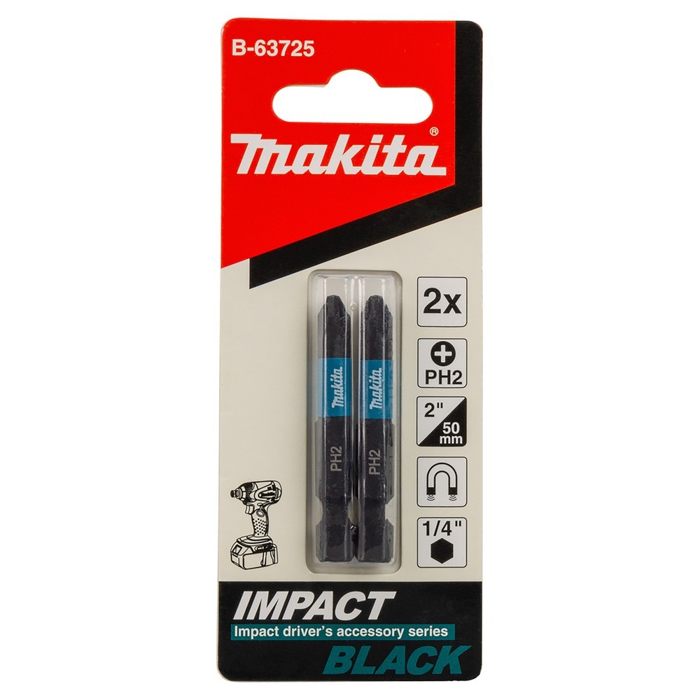 ดอกไขควงกระแทก Makita B 63725 Impact Black ขนาด PH2×50 มม   2 ชิ้น ชุด 