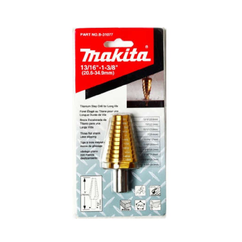ดอกสว่านสเต็ปปลายตรง Makita B 31077 ขนาด 13 16–1 3 8 นิ้ว Three Flat สีทอง ก้านกลม