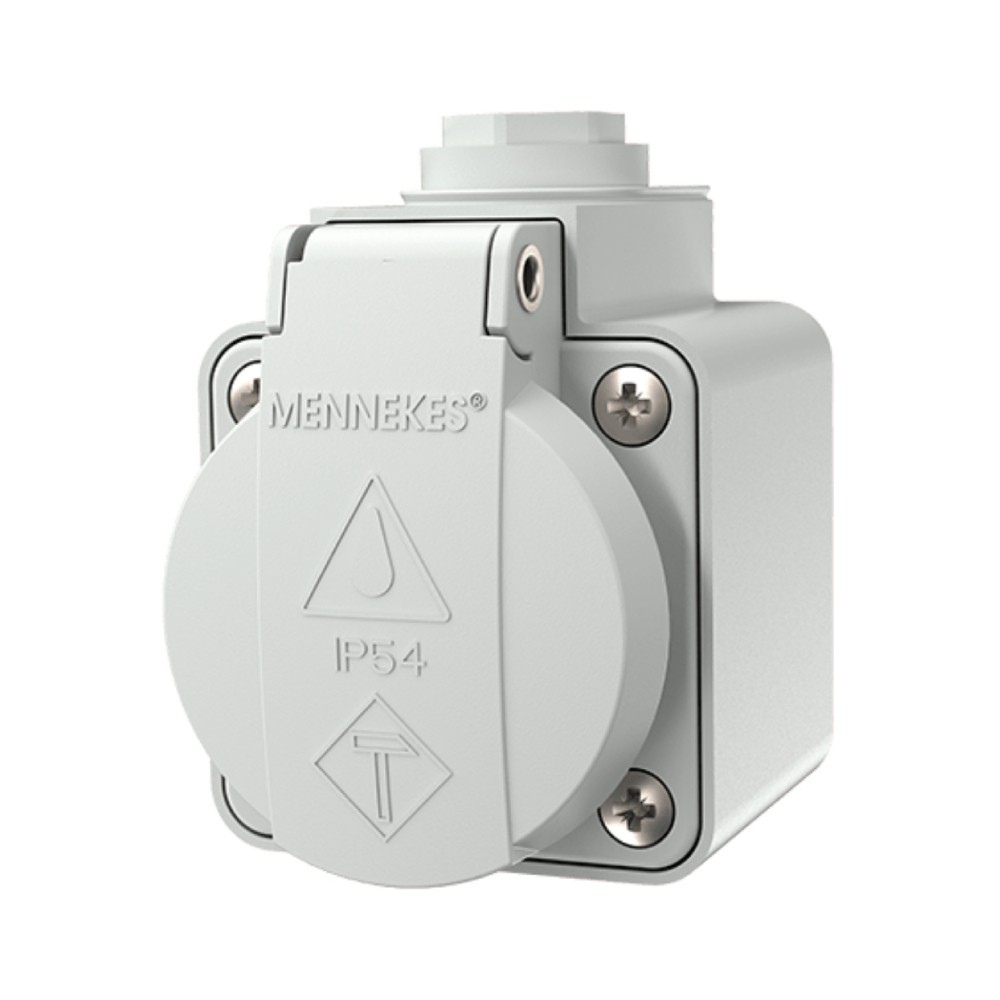 พาวเวอร์ปลั๊กตัวเมียติดลอย MENNEKES 10081 แบบ SCHUKO ฝาปิดสปริง กระแส 16A ประเภทขั้ว  2P E  IP44 แรงดัน 230V สีเทา