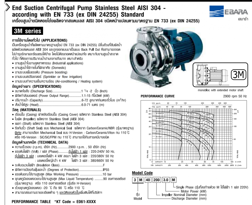 ปั๊มหอยโข่ง Ebara 3M 32 125 1 1 ปั๊มแสตนเลส ขนาด 2 นิ้ว x 1 นิ้ว 1 ทับ 4  3สาย 1 5HP 1 1KW 380V
