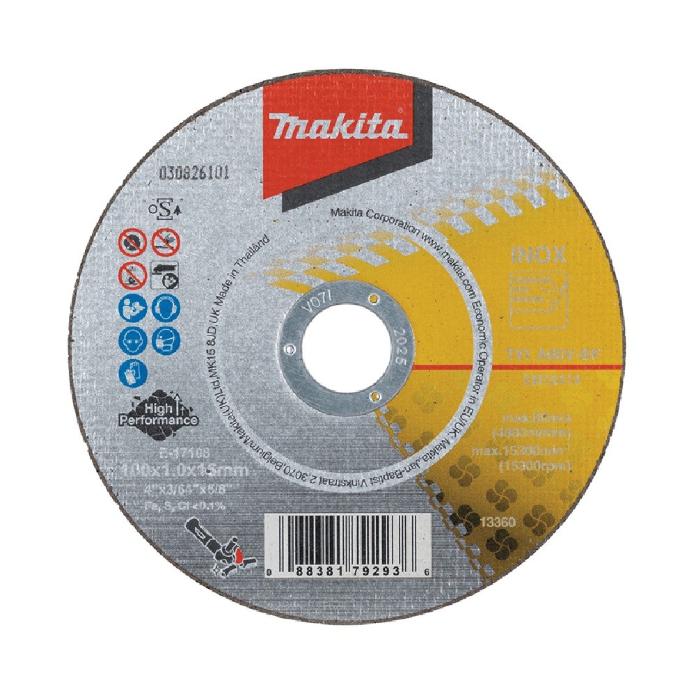 ใบตัดสแตนเลสบางพิเศษ MAKITA E 17108 10 A60V ขนาด 4 นิ้ว 100×1×16 มม  