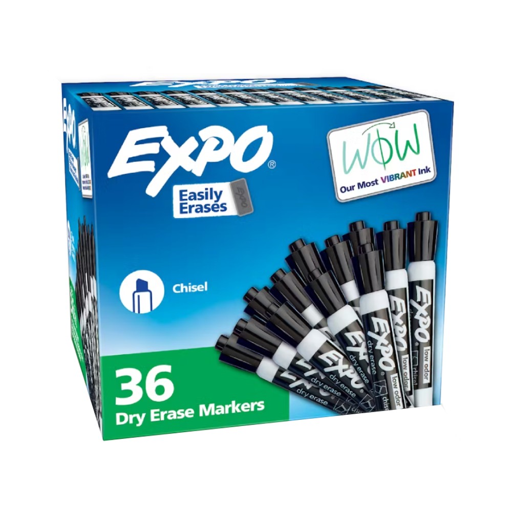 ปากกาไวท์บอร์ด EXPO&nbsp;1920940A Low Odor Classroom Pack สีดำ หัวตัด  กล่อง 36 ชิ้น 