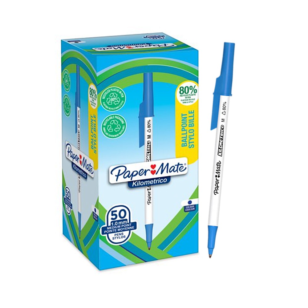 ปากกาลูกลื่น Paper Mate 2187702 Kilometrico 1 0 มม  สีน้ำเงิน เขียนได้ยาวนาน ทนทาน  กล่อง 50 ด้าม 