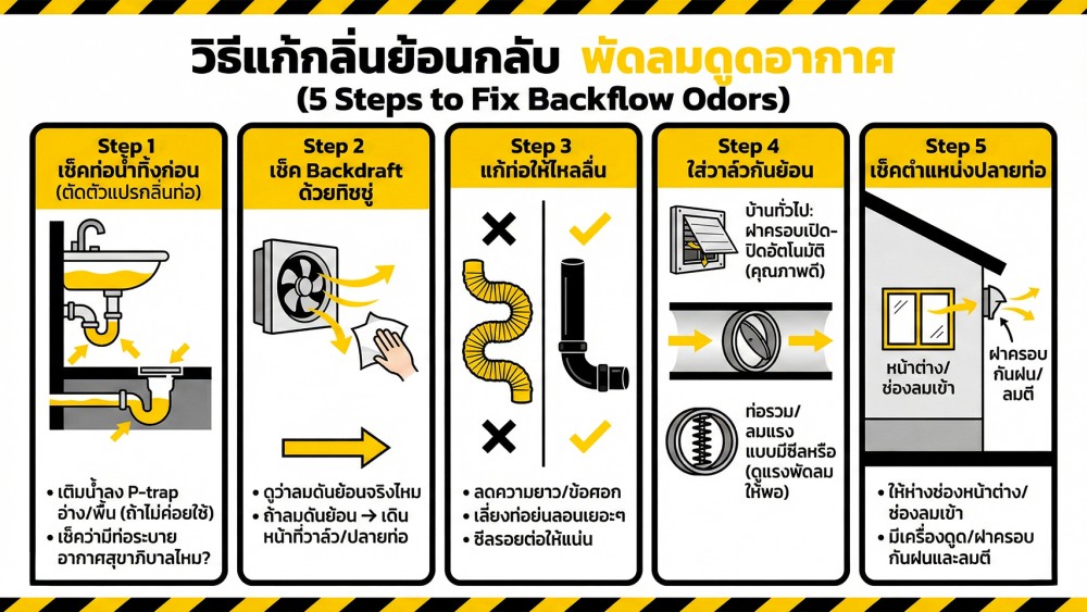 พัดลมดูดอากาศ ทำไมมีกลิ่นย้อนกลับ แล้วต้องใส่วาล์วกันย้อนไหม พัดลมดูดอากาศ ทำไมมีกลิ่นย้อนกลับ แล้วต้องใส่วาล์วกันย้อนไหม