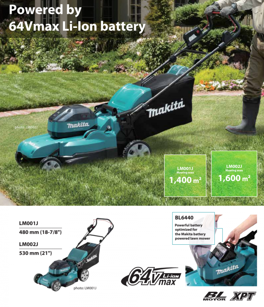 รถเข็นตัดหญ้าไร้สาย MAKITA LM002JM101 ขนาด 21 นิ้ว (530 มม.) 64Vmax พร้อมแบตเตอรี่