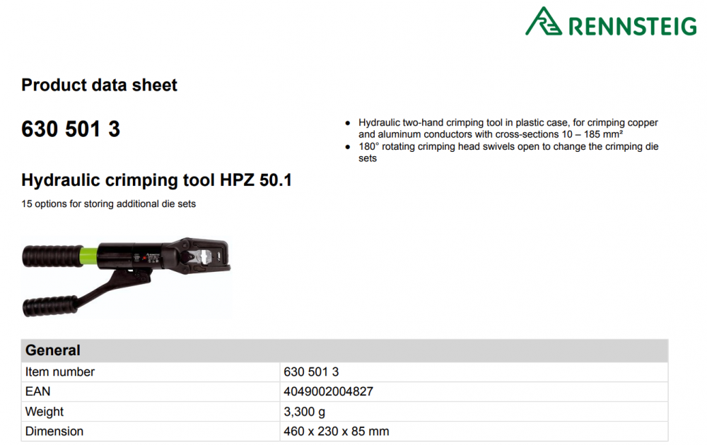 คีมย้ำสายไฟ ไฮดรอลิค แบบมือกด HPZ 50.1 Rennsteig 630 501 3