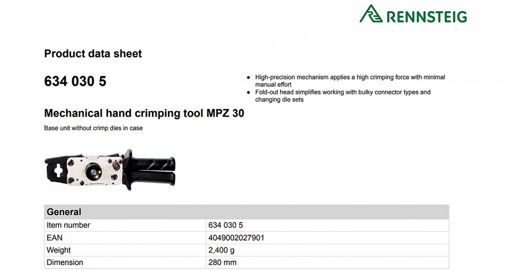 คีมย้ำสายไฟ ไฮดรอลิค แบบมือกด MPZ 30 Rennsteig 634 030 5