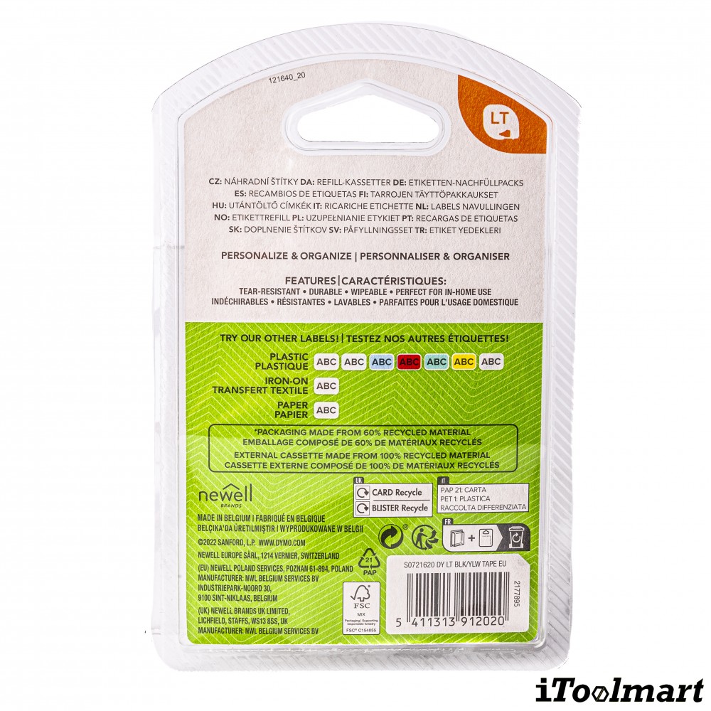 Tape plastic DYMO S0721620 LETRATAG 12 mm. x 4 m. YELLOW