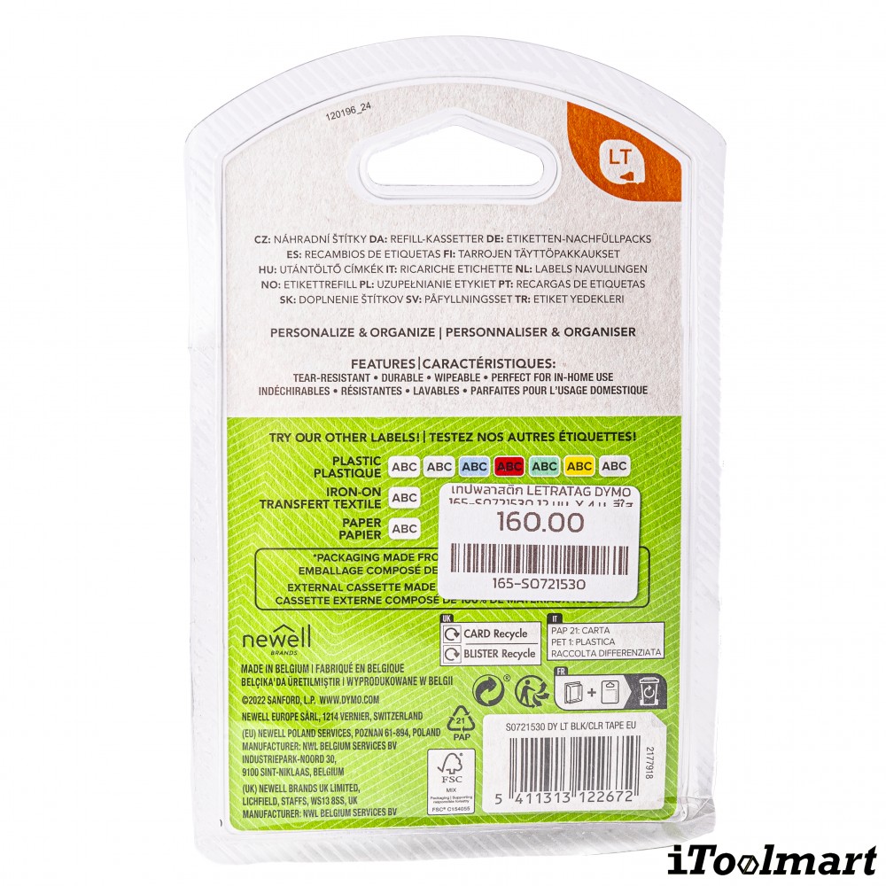 TAPE PLASTIC DYMO S0721530 LETRATAG 12 mm. x 4 m. CLEAR