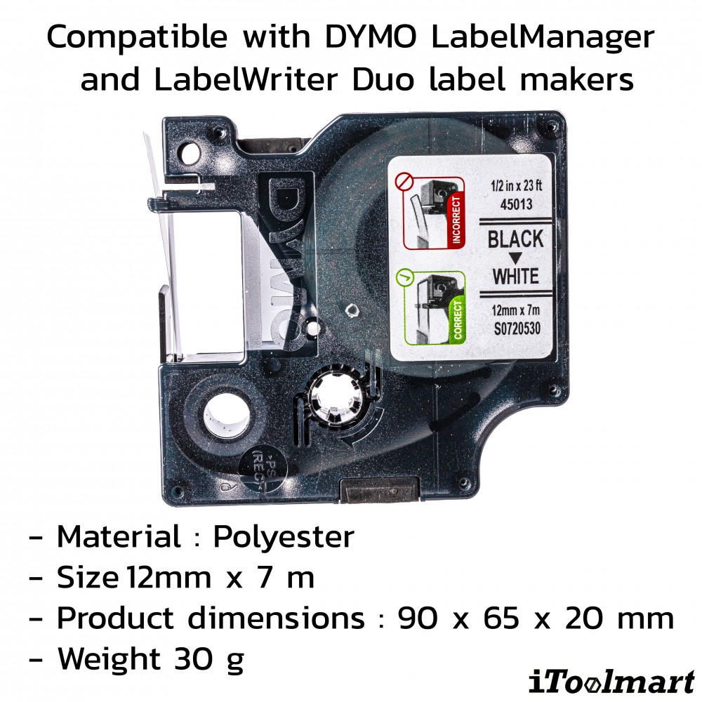 Dymo D1 12MMX7M-TAPE BLACK/WHITE S0720530