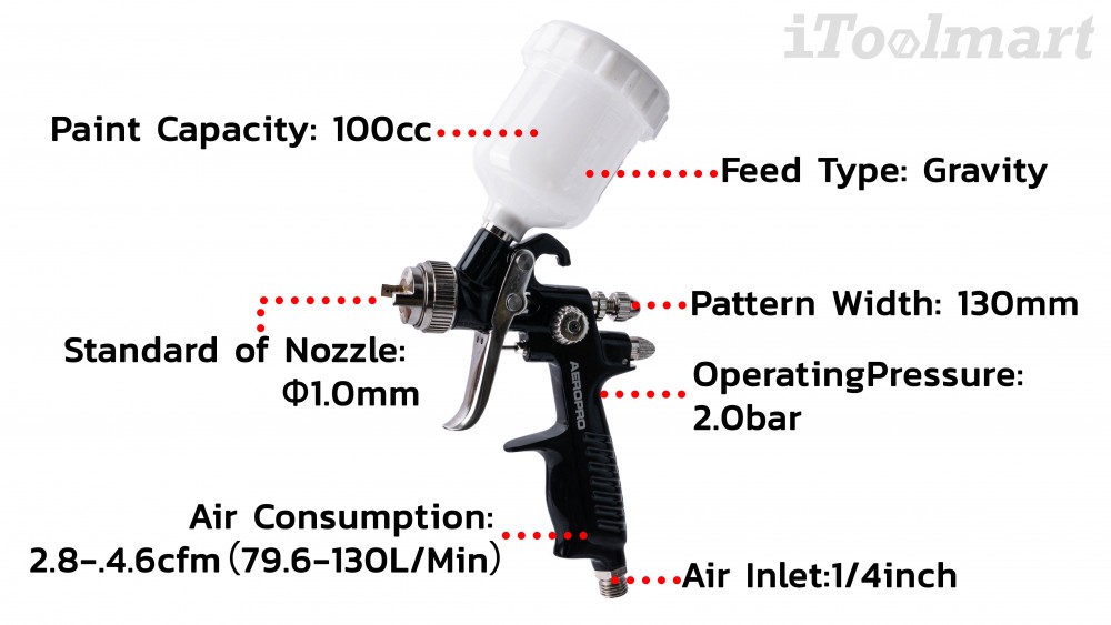 กาพ่นสี รถยนต์ 100CC AEROPRO A606 HVLP หัวพ่น 1 0 mm  กาบน