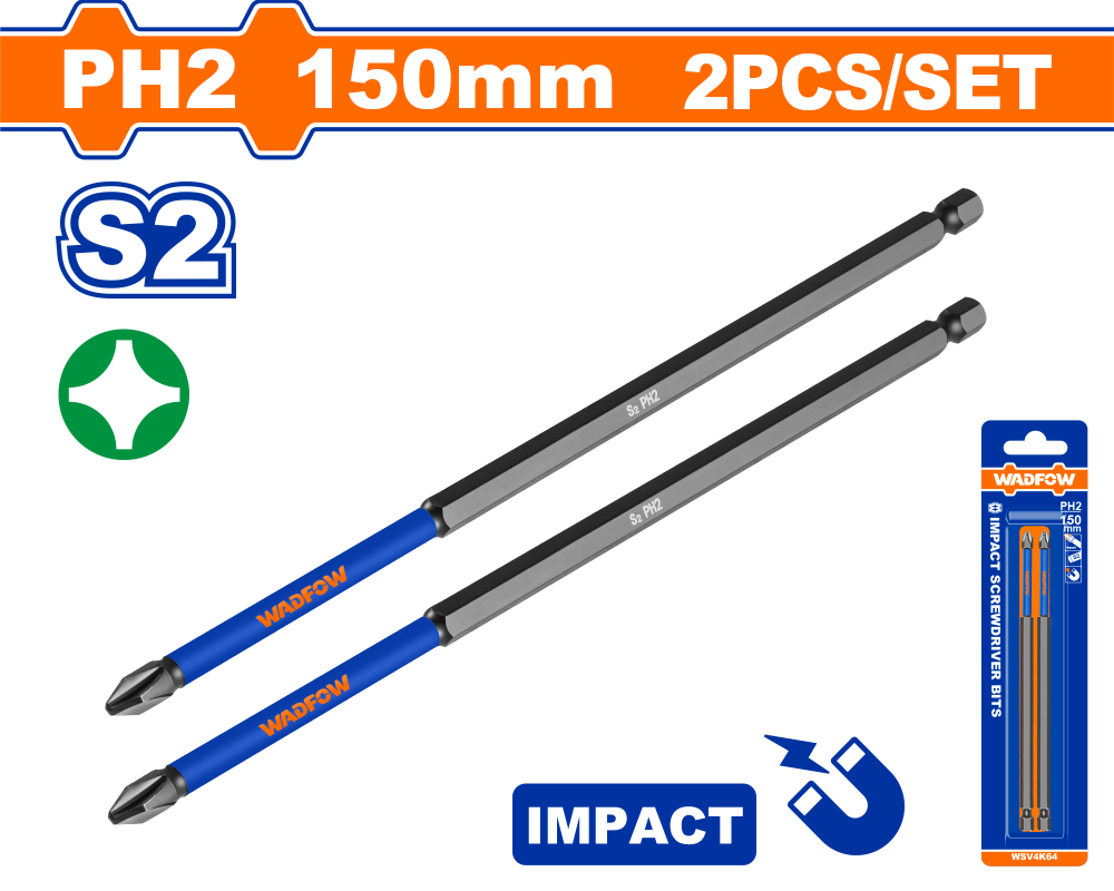 ดอกไขควงกระแทกแฉก WADFOW WSV4K64 ขนาด PH2 x 150 mm. S2