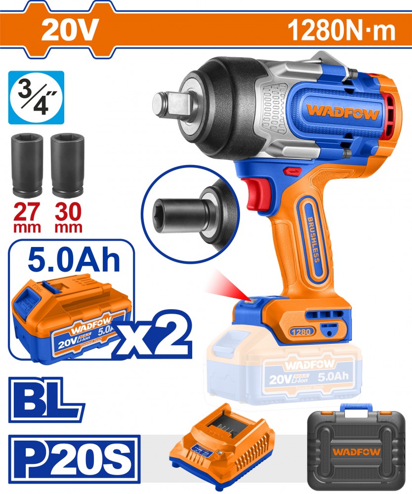 บล็อกกระแทกไร้สาย WADFOW WCD1B128 20V พร้อมแบตเตอรี่ + เครื่องชาร์จ