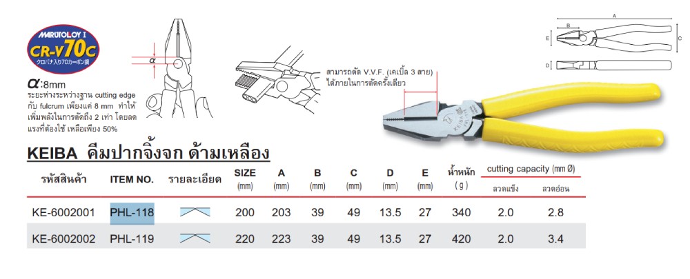 คีมปากจิ้งจก KEIBA PHL 118 ด้มบางสีเหลือง ความยาว 200 มม   8  