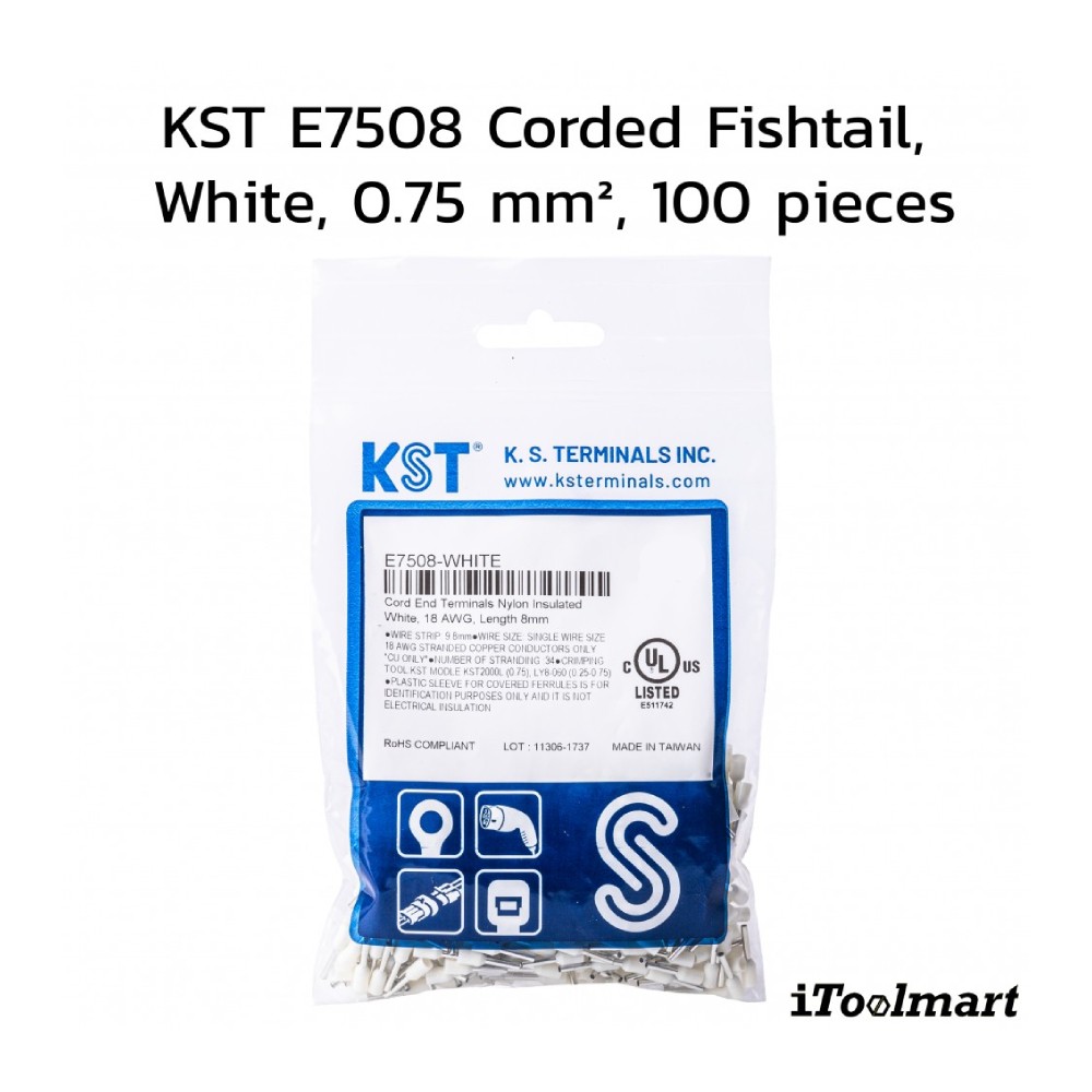 หางปลาคอร์ดเอ็น KST E7508 แบบหุ้ม สีขาว ขนาด 0 75 mm² 100 ตัว หางปลาคอร์ดเอ็น KST E7508 แบบหุ้ม สีขาว ขนาด 0 75 mm² 100 ตัว