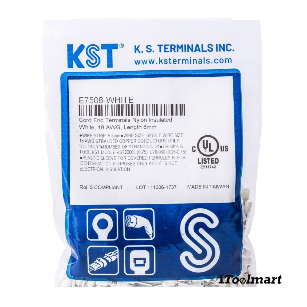 หางปลาคอร์ดเอ็น KST E7508 แบบหุ้ม สีขาว ขนาด 0 75 mm² 100 ตัว หางปลาคอร์ดเอ็น KST E7508 แบบหุ้ม สีขาว ขนาด 0 75 mm² 100 ตัว