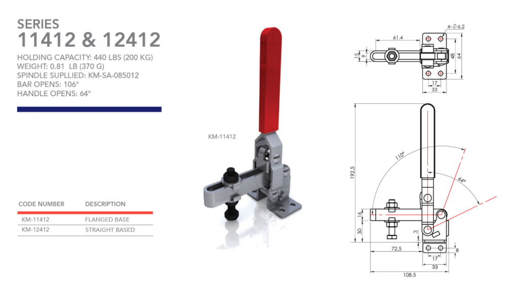 แคลมป์จับชิ้นงาน HOLKEN 11412 Vertical toggle clamp แรงยึด 200 kg
