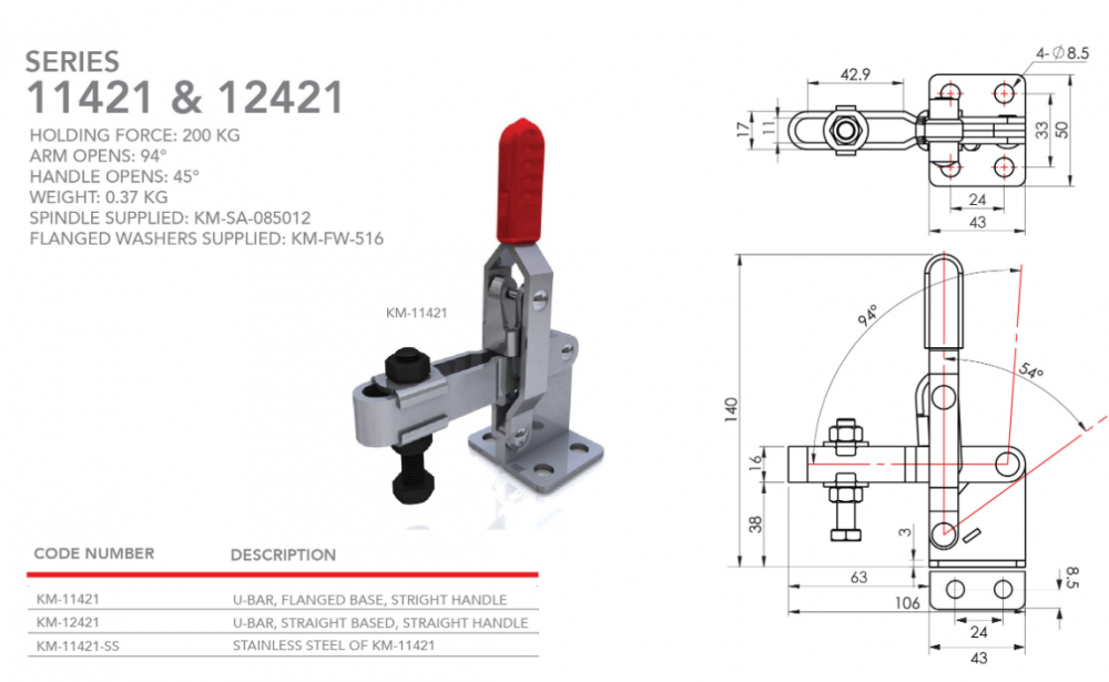 แคลมป์จับชิ้นงาน HOLKEN 11421 Vertical toggle clamp แรงยึด 200 kg